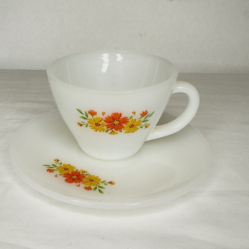 Anchor Hocking Fire King Milk Glass Coffee Cup‎ Saucer Floral Daisy MCM Retro